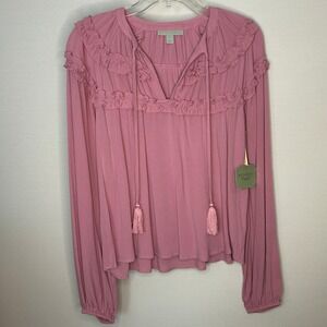 Ryegrass Pink Ruffle Trim Long Sleeve Tunic Blouse Tassel Tie Boho Womens XS NWT